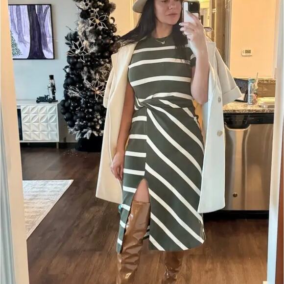 Tanya Taylor Olive Striped Dress LARGE Cotton Knit Work Career Designer $355 - Picture 8 of 13